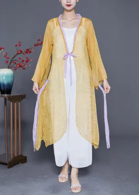 Women Yellow Lace Up Patchwork Chiffon UPF 50  Cardigan Summer