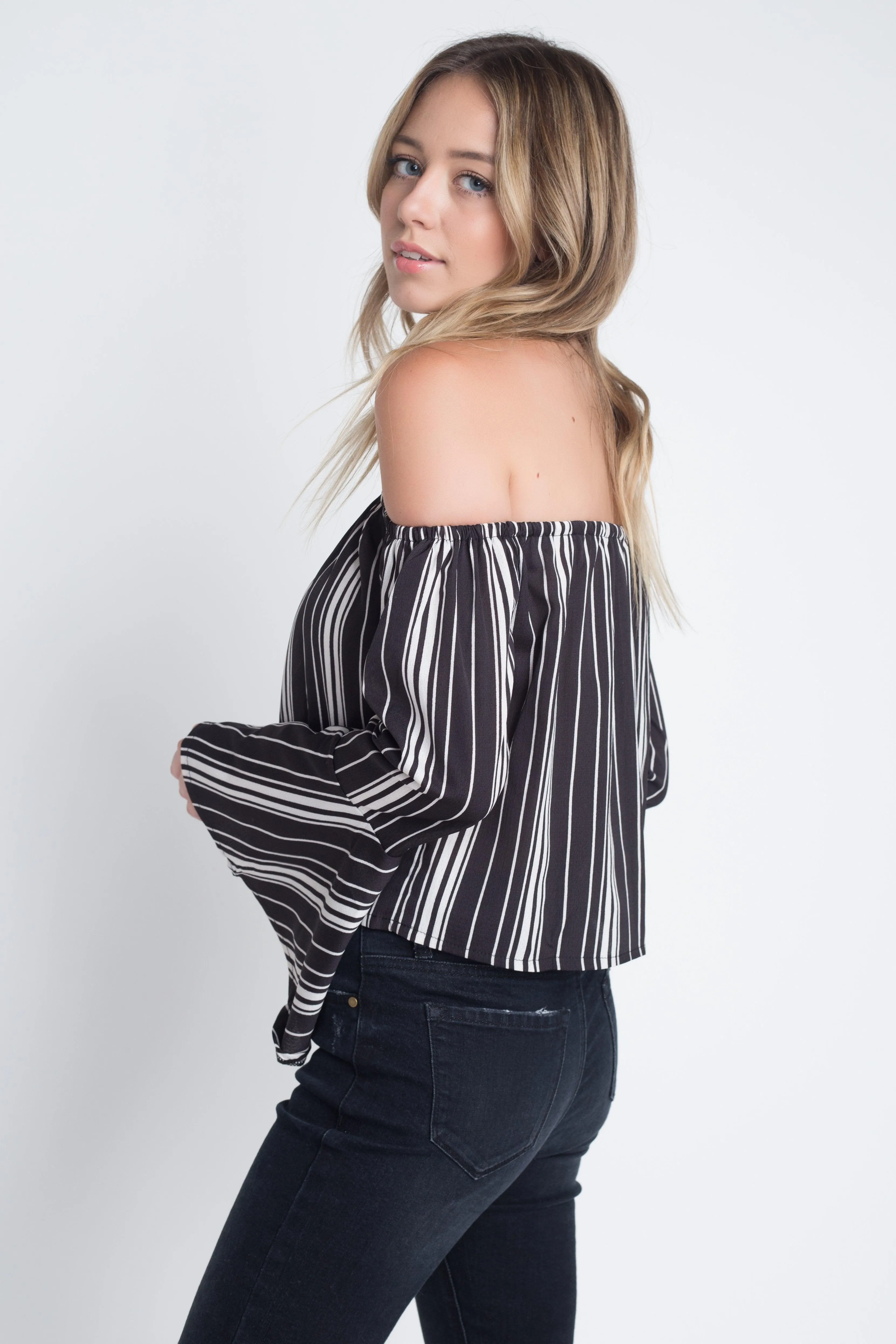 Womens Off Shoulder Casual Stripe Bell Sleeve Top