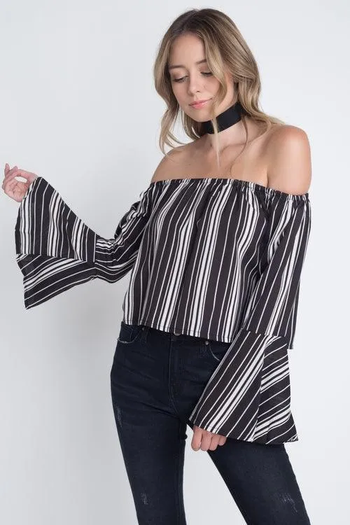 Womens Off Shoulder Casual Stripe Bell Sleeve Top