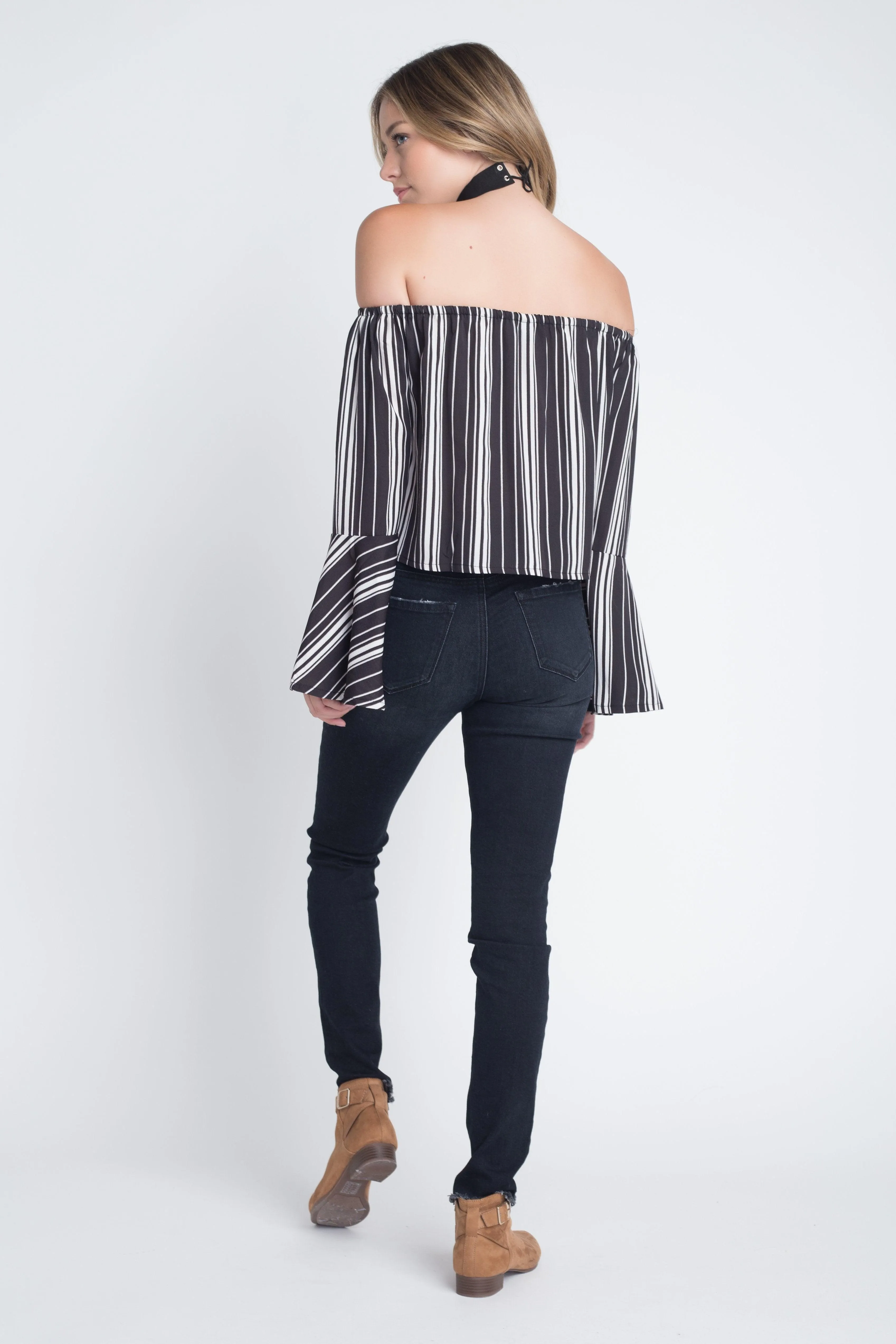 Womens Off Shoulder Casual Stripe Bell Sleeve Top