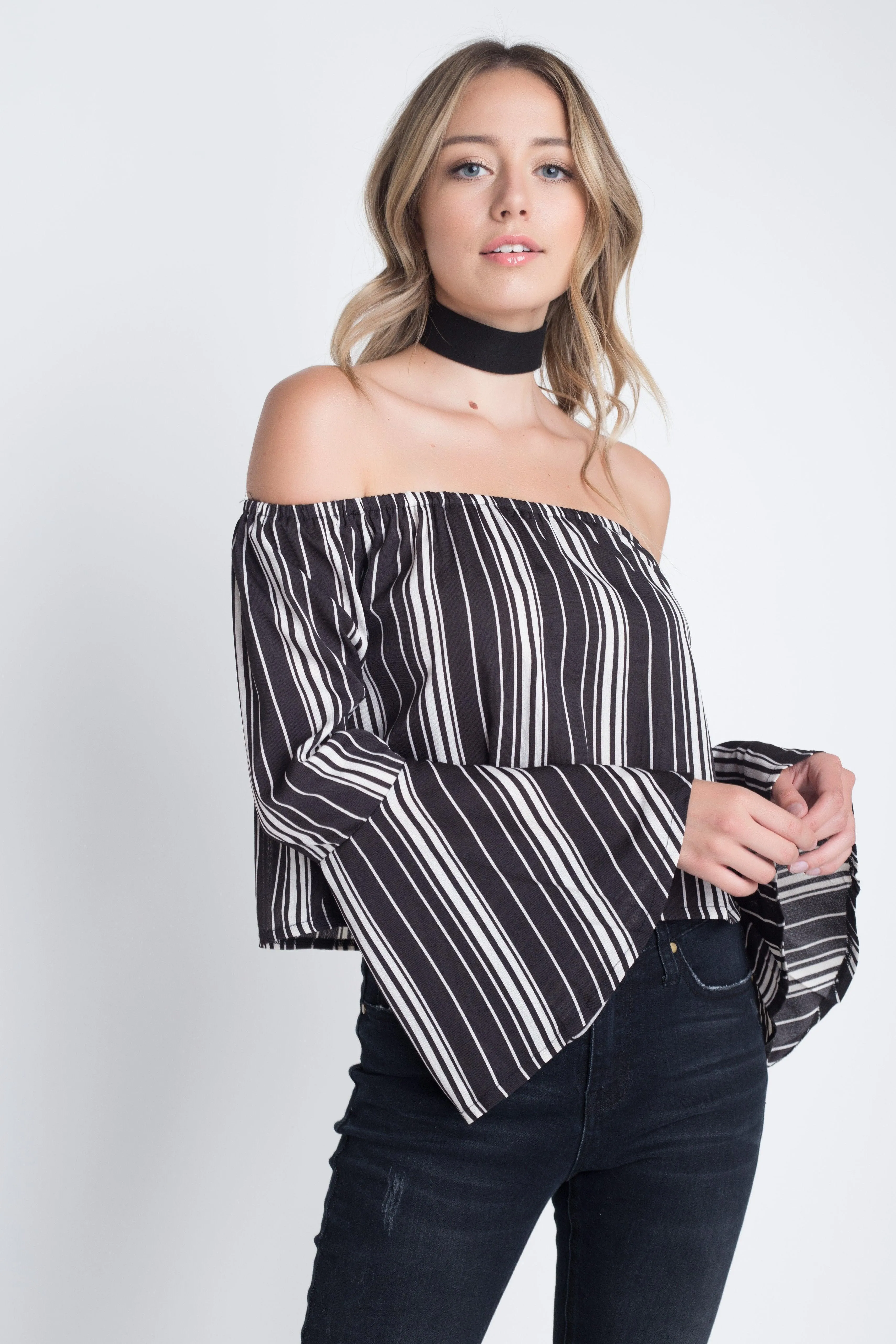 Womens Off Shoulder Casual Stripe Bell Sleeve Top