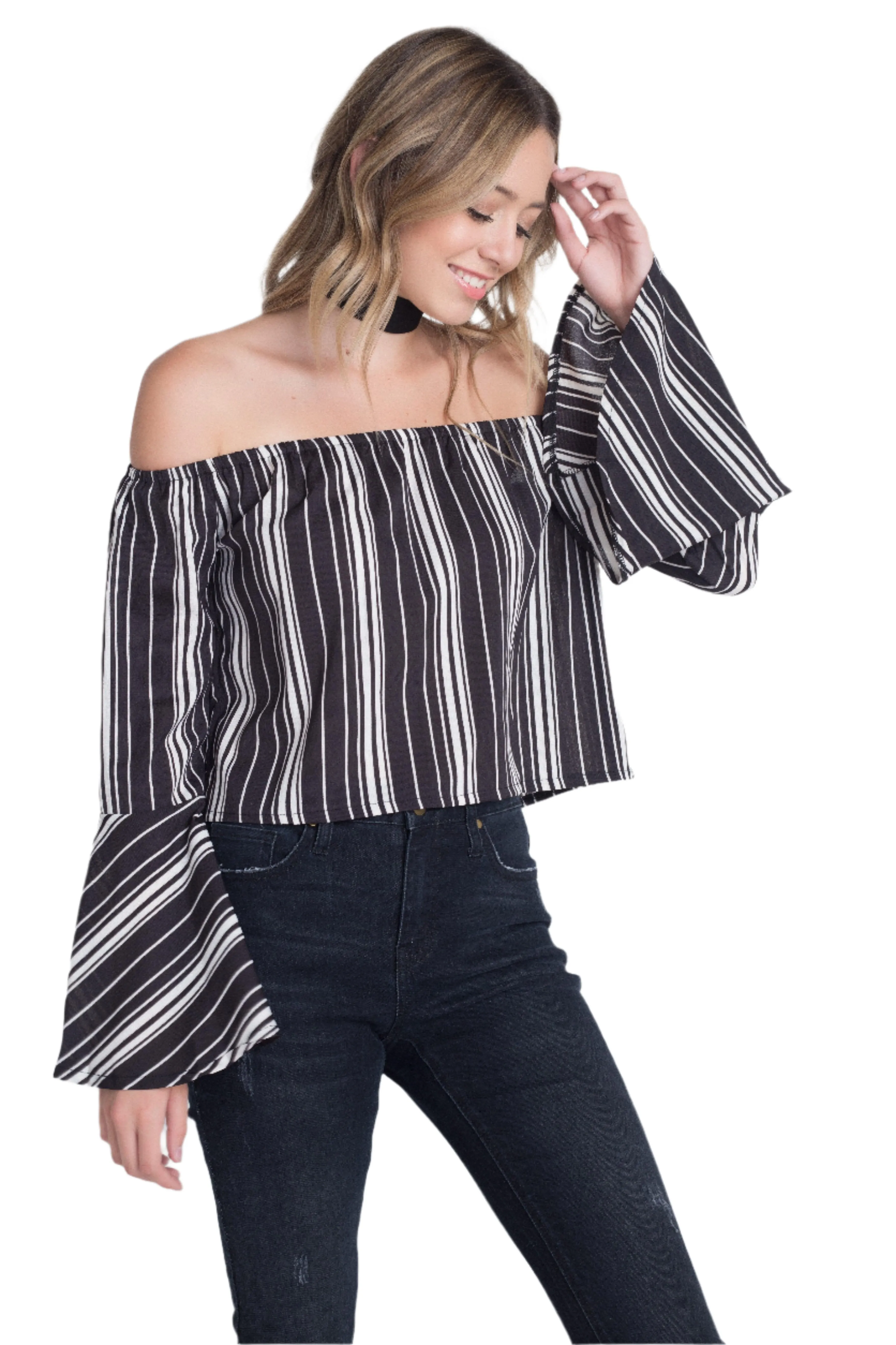 Womens Off Shoulder Casual Stripe Bell Sleeve Top