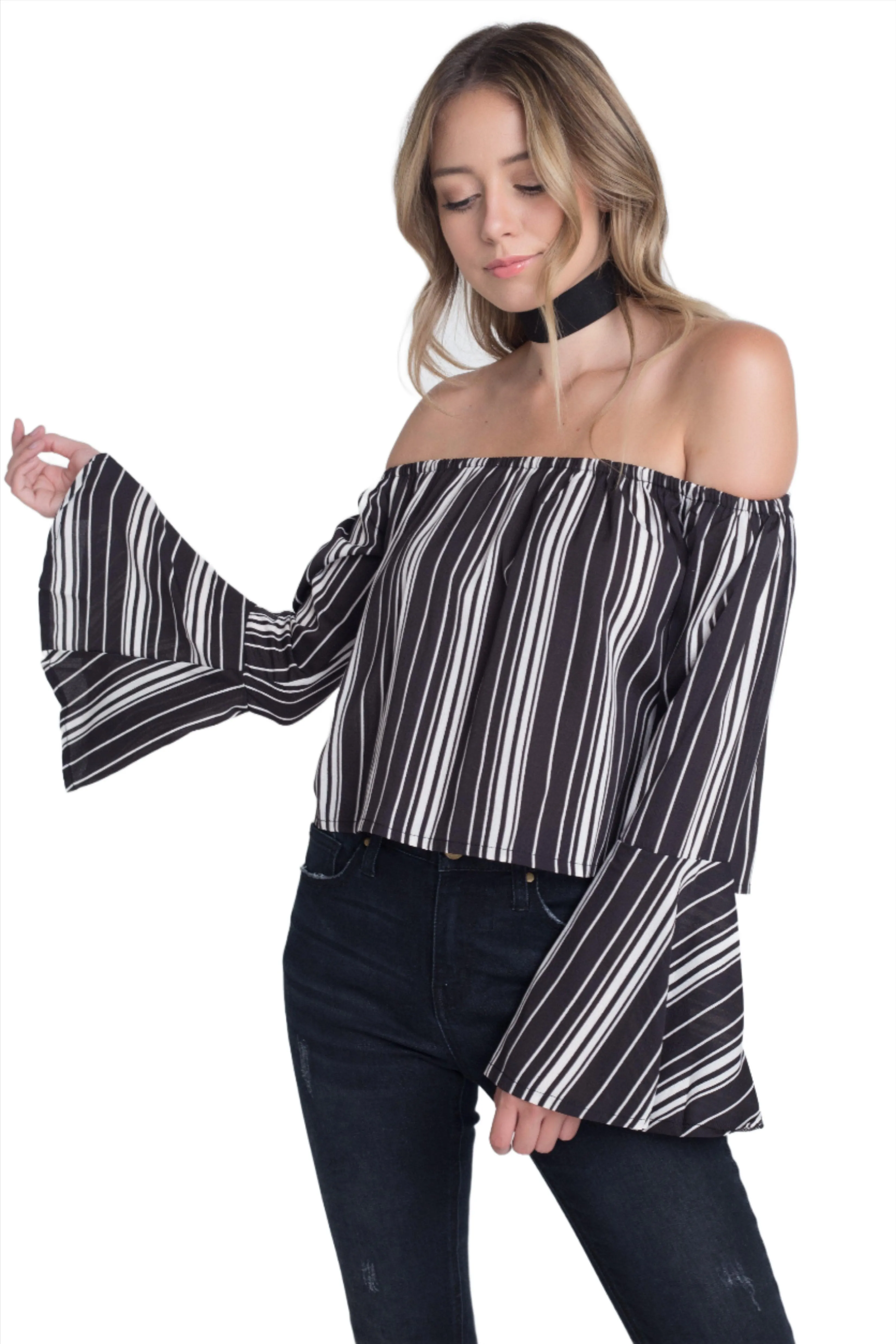 Womens Off Shoulder Casual Stripe Bell Sleeve Top