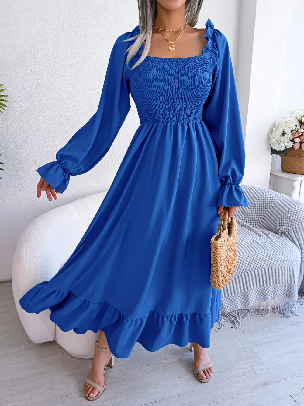 Women's Square Collar Flare Large Swing Ruffled Dresses