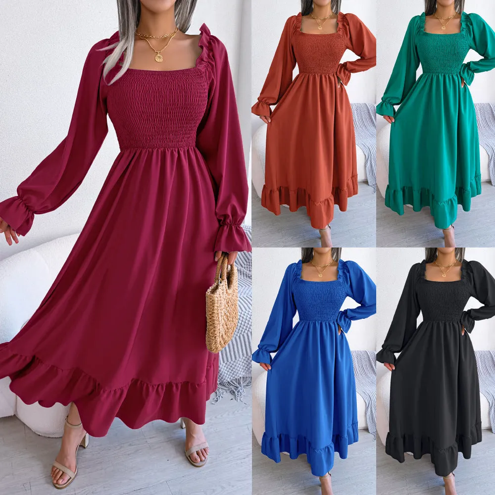 Women's Square Collar Flare Large Swing Ruffled Dresses