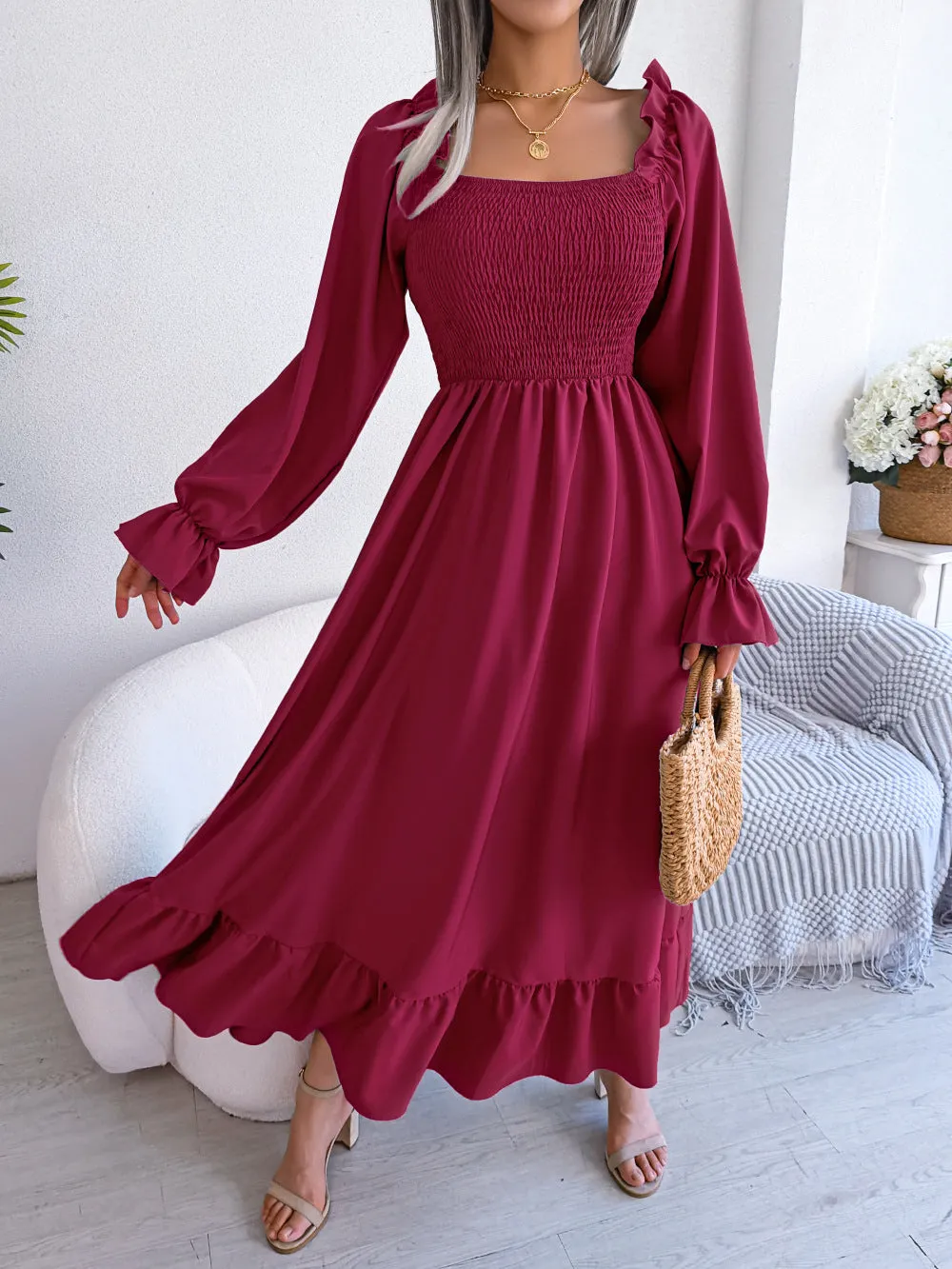 Women's Square Collar Flare Large Swing Ruffled Dresses