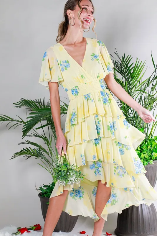 Yellow Layered Floral Printed Midi Dress