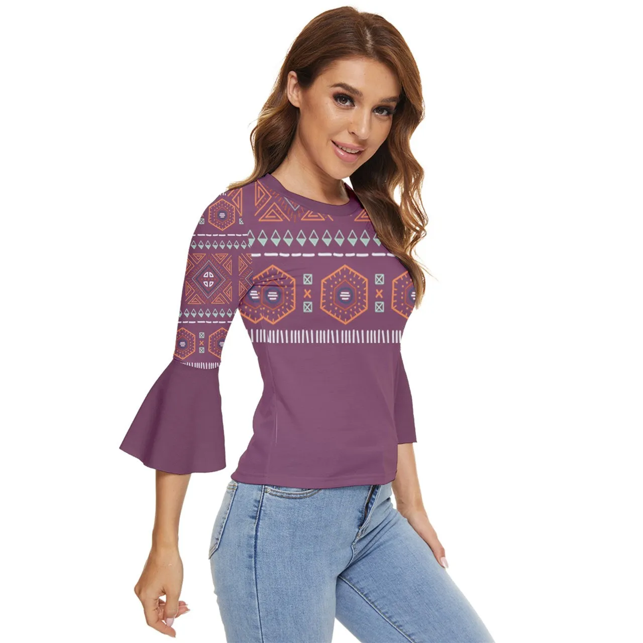 Zigzag maya Pattern Twilight Lavender Bell Sleeve Top